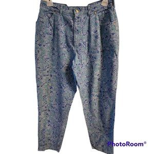 L L Bean Women's Jeans 14 Petite Blue Turquoise Fern Print 2 Pockets EUC